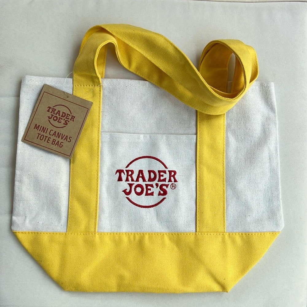 NWT Trader Joe’s Mini Canvas Tote Bag - Limited Edition Yellow & Cream - Picture 2 of 5